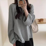 KANING Korean Lazy Windy Large Plate Round Collar Hooded Sweater Women Loose Design Sense Solid Color Knitted Shirt
