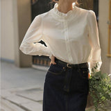 White Shirt Women 2026 Spring New Design Sense Of Small Single Buckle Wooden Ear Tie Shirt