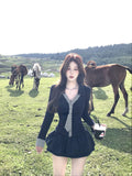 Hottie Lattice Tie Spliced Long-Sleeved Girl Spring Autumn Blouse Chic Niche Ponopne Half-Dress Skirt Suit
