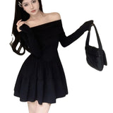 French Temperament Collar A Short Skirt Long-Sleeved Dress Girl Autumn Sweet Hottie Repair Waist Small Black Dress