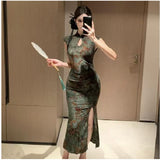 New Chinese Style Retro Sexy Print Improved Cheongsam Dress Women's Summer Style Thousands Of Pack Hip Long Skirts