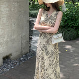 Vintage Ink Painting Print V-Neck Sleeveless Dress Women's Summer Sweet Style Temperament A Word Long Dress