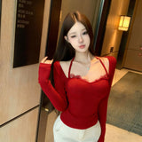 Vintage Ocean Gas Splicing Long-Sleeved T-Shirt Women's Spring New Slimming Inside The Bottom Sexy Top Tide