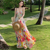 Colored Flower Exposed Shoulder Sling Dress French Women's Summer Waist Swing Skirt Seaside Style Dress