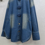 Standing Autumn And Winter Collar Bubble Long Sleeves Big Button Design Retro Washing Color Loose Street Trendy Denim Shirt
