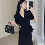 Large-Size Hao Ben Style Black Short-Sleeved Dress Women's Summer New Fake Two Temperament Thin V-Neck Long Skirt