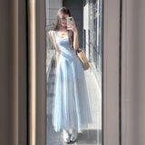 French Blue Gentle Style Square Tie Dress Women 2025 Summer Vacation Style Mesh Long Skirt