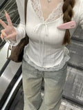 2026 Women's Autumn And Winter New Romantic Exquisite Lace Splicing V-Neck Bottoming Shirt Folded Jerseys Around The Waist