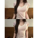 Pure Sweet Hottie Stripe V-Neck Short-Sleeved T-Shirt Girl Summer New Retro Style Slimming Waist Top