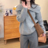 Kaning Solid Color Big Collar Pit Striped Sweater Women 2026 Autumn And Winter New Lazy Half Zipper Knitted Shirt Tide