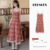 Summer Women's Fried Street Dress 2025 New Red White Temperament Lattice Splicing Lace-Side Sling Skirt
