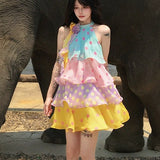Color Three-Dimensional Flowers Open Shoulder Wave Point Hanging Neck Dress Women Summer Sweet Wind Splicing Cake Skirt Skirt Skirt
