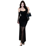 Sexy Bare-Backed Fairy Net Yarn Spliced Flower Sling Dress Woman Summer Small Suplet Fishtail Dress