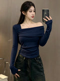 Sexy Hottie Velvet Wrinkled Body Shoulder Bottom Top Girl Spring And Autumn Pure Desire To Play Bottom Long-Sleeved T-Shirt