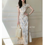 2025 Summer New Light Luxury National Style Oil V Collar A New Chinese Printing Temperament Improved Cheongsam Waist Dress