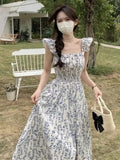 Small Fresh Blue Slings Crum Shatters Floral Dress Women's New Summer French Fresh Skinny Flying Sleeve Long Dress