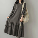 Small Design Loose Long Splicing Lotus Leaf Skirt Dress Dress Women's Long Sleeves Over The Knee Dress