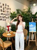 Sweet White V-Neck Short-Sleeved T-Shirt Women's Summer Pink Striped Sling Back