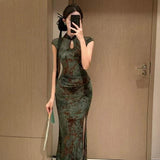 New Chinese Style Retro Sexy Print Improved Cheongsam Dress Women's Summer Style Thousands Of Pack Hip Long Skirts