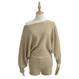Autumn Maillard Wear Temperament Shoulder Sweater Oblique Shoulder Design Loose Knit Shirt Shorts Two Sets Of Women