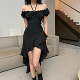 2026 Spring And Summer New Black Lotus Side Irregular Dress Women's Shoulder Shoulder Sexy Irregular Dress