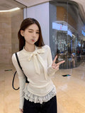 Sweet Wind Beautiful T-Shirt Girl Spring And Autumn Niche Design Bow Tie Hollow Body Bottom Shirt Tide