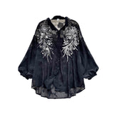 Light Luxury Famous Heavy Industry Nail Polish Shiny Embroidery Lantern Sleeve Shirt Loose Outer Long Sleeve Top Dress Female
