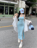 Pure-Style Sexy Blue Sling Dress Girls Autumn And Winter Hot Girls Open Fork Inside The Thin Ass Hip Dress