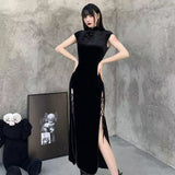 Vintage Chinese Velvet Cheongsam Improved Dress New Chinese Open Fork Tall Cool Black Temperament Long Dress