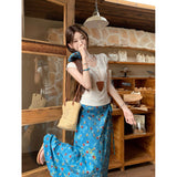 French Blue Oil Painting Floral Dress Girl Summer High-Waisted A-Shaped Dress Soft Dress Dress