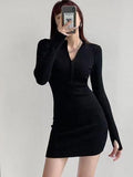 Pure Lust Sexy Wind Zipper Half-High Collar Long-Sleeved Little Black Dress Girl Autumn And Winter Tight Ass Babes Dress