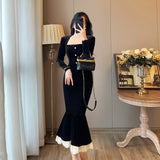 French Collar Black Fishtail Dress Women Winter Retro Velvet Bag Hip Dress Temperament Long Dress