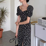 French Floral Dress Women's Summer Collar Bubble Sleeve Open Forked Waist Temperament Tea Break Long Skirt