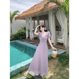 French Gentle Lotus Side V-Neck Bubble Sleeve Dress Summer Holiday Purple Lace Lumbar Texture Dress
