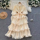 French Retro Court Heavy Industry Nail Drill Lantern Sleeve Strap To The Waist To Show Thin Temperament Lotus Leaf Side Pressure Skirt Dress