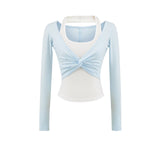 Hottie Wind Hanging Neck Color Fake Two Long-Sleeved T-Shirt Girl Design Tight Sex Sexy Bottom Short Top
