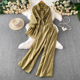 Gentle-Wind Pink Lace Spliced Lap-Over Shirt Long-Lens Waist Coat Two Sets Of High-Rise Thin Leg Pants
