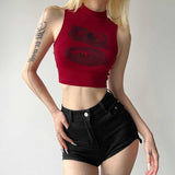 Vintage Babes Sexy Semi-Circular High-Neck Vest Women's Summer New Design Print Thin Short Top
