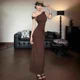 Temperament Famous æ·ç Folds To Close The Waist And Collared Shoulders Dress Women's New Summer Slimming And Hips Long Skirt