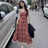 Summer Women's Fried Street Dress 2025 New Red White Temperament Lattice Splicing Lace-Side Sling Skirt