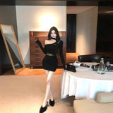 High-Level Temperament Black Hollow Long-Sleeved Dress Women's New Winter Slimming Shoulder Bag Hip Short Skirt