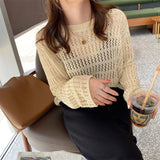 2026 Autumn And Summer New Sweet Age Reduction Hollow Knitted Shirt Girl Loose Thin Thin Thin Thin Thin Color Cover Shirt Top Woman