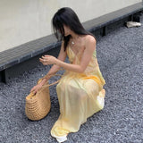 Yellow Temperament Seaside Resort Windy Dress Fainting V-Neck Zipper Sling Dress Women's Summer