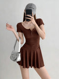 Pure Lusty Age-Dexive Gray U Collar Button Short Sleeve Dress Women Summer Waist Sports Atmosphere A Short Skirt Women