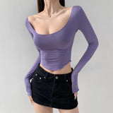 Solid Color U Neck Collar Collar Collar Long-Sleeved T-Shirt Girls Spring And Autumn Basic Big Necktip Sexy Hottie With Short Top