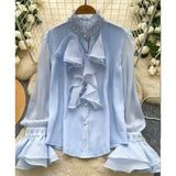 Drilled Lotus Loaf Collar Long-Sleeved Shirt Women Autumn Waist Temperament Chiffon Shirt Design Feel Beautiful Gold Feeling Top