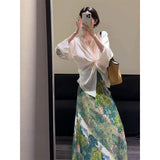Vintage Atmosphere Kinesfing V-Neck Shirt High-Waisted Skirt Suit Women's Summer Fashion Casual Two-Piece