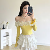 Sweet Hottie Lace Splicing A Word Shoulder Long-Sleeved T-Shirt For Women's Autumn New Design Slimming Short Top