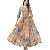 Summer Printing Bubble Sleeve V Tie With Dress Femininity Slim Mother Dress Beach Dress