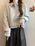 Shirt Splicing Fake Two Women's Spring And Autumn Large-Size Micro-Fat Mm Thin Short College Style Polo Collar Top